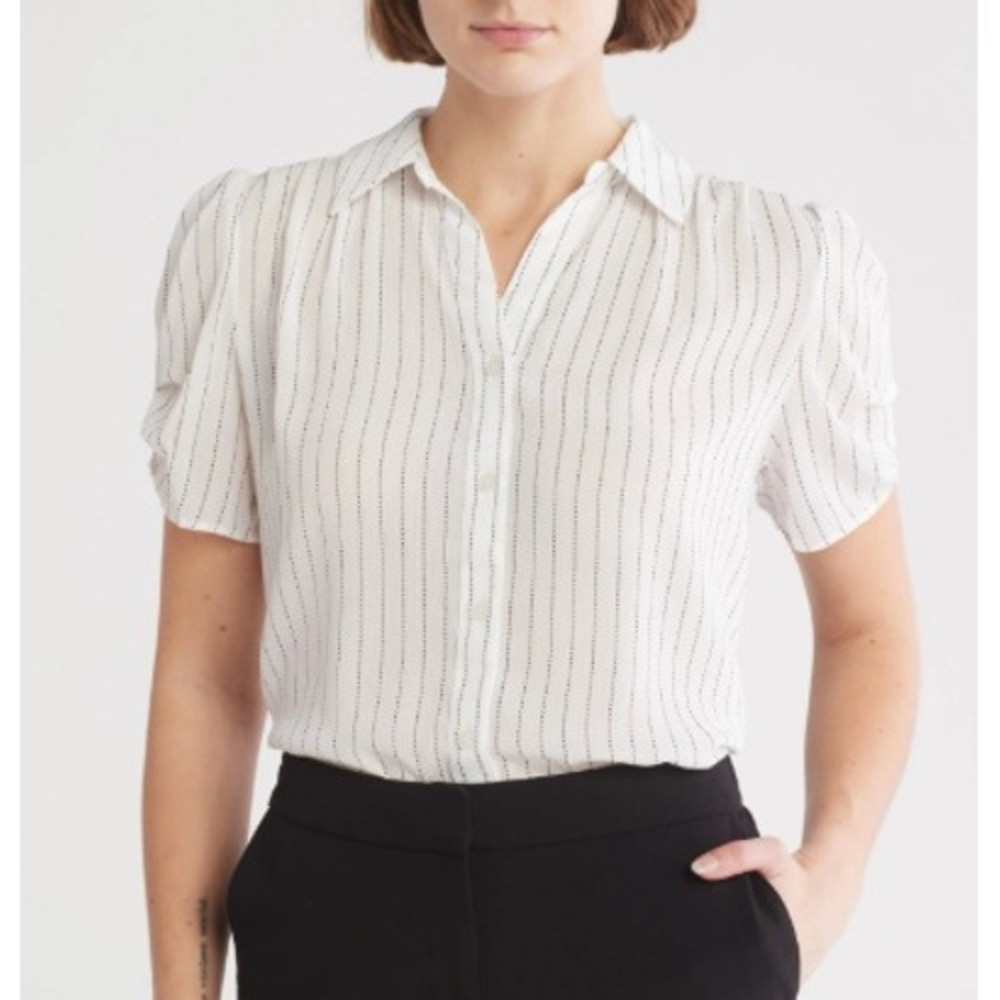 Adrianna Papell Dotted Stripe Tulip Sleeve Button Down Shirt Black White NWT L